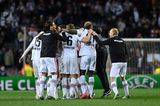 14th April 2022; Camp Nou; Barcelona; Spain; UEFA Europa League; Quarter Final; FC Barcelona, Barca vs Eintracht Frankfurt; players of Frankfurt celebrating the victory in Camp Nou  ActionPlus12379325 AgenciaLOF