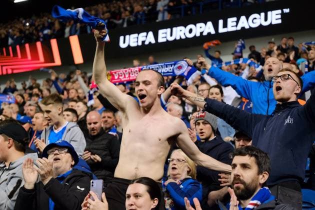Ibrox Stadium, Glasgow, Scotland, April 14th 2022: Rangers fans celebrate after the UEFA Europa League quarter final 2nd leg match between Glasgow Rangers and Sporting Braga at Ibrox Stadium in Glasgow, Scotland. UEFA Europa League quarter final 2nd leg Alex Todd SPP Glasgow Rangers v Sporting Braga 