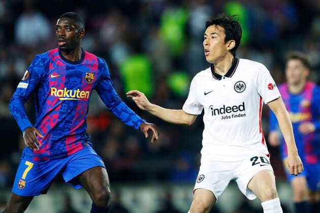 Ousmane Dembele (Barcelona), Makoto Hasebe (Frankfurt), APRIL 14, 2022 - Football Soccer : UEFA Europa League Round of 8 2nd leg match between FC Barcelona, Barca 2-3 Eintracht Frankfurt at the Camp Nou stadium in Barcelona, Spain. Noxthirdxpartyxsales  (185854950)