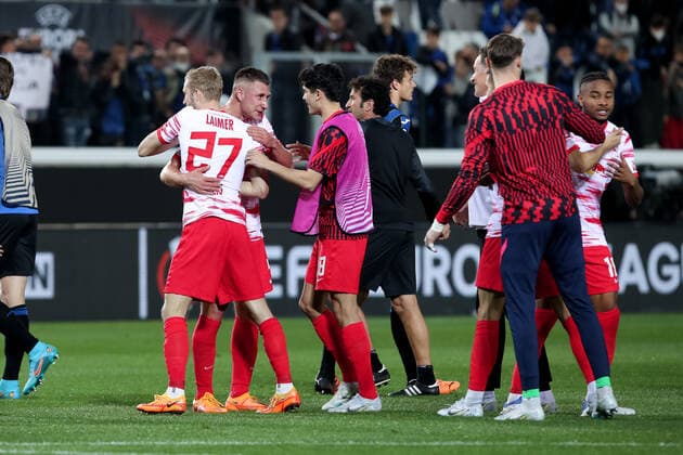 BERGAMO, ITALY - APRIL 14: RB Leipzig player celebrate at the end of the Europa League football match between Atalanta and RB Leipzig at Gewiss Stadium on April 14, 2022 in Bergamo, Italy. (Photo by Stefano Nicoli Speed Media Icon Sportswire) SOCCER: APR 14 Europa League - RB Leipzig at Atalanta Icon2204140071