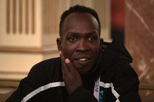 BOSTON, MA - APRIL 15: Albert Korir of Kenya speaks with the media during the Boston Marathon - John Hancock Professional Athlete press conference, PK, Pressekonferenz on April 15, 2022 at the Fairmont Copley Plaza Hotel in Boston, MA. (Photo by Erica Denhoff Icon Sportswire) MARATHON: APR 15 Boston Marathon - John Hancock Professional Athlete Press Conference Icon22041514
