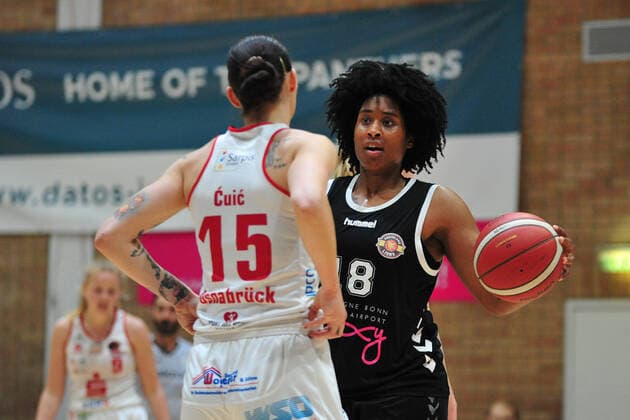 Basketball DBBL Play GiroLive Panthers Osnabrück Rheinland Lions on 16 04 2022 at the home of panthers in Osnabrück Milica Cuic Osnabrück in dispute with Brianna Rollerson Cologne BK