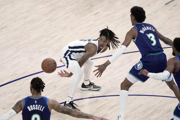 Memphis Grizzlies Ja Morant (12) passes behind and through his legs to avoid defense by Minnesota Timberwolves Jaden McDaniels (3) in the second half of the game at FedEx Forum in Memphis, Tennessee, USA, 16 April 2022. Timberwolves at Memphis Grizzlies Basketball !ACHTUNG: NUR REDAKTIONELLE NUTZUNG!  Copyright: xKARENxPULFERxFOCHTx AME1893 20220416-d5ab1ec9d76c4f863c62d79507601de84cacba3c