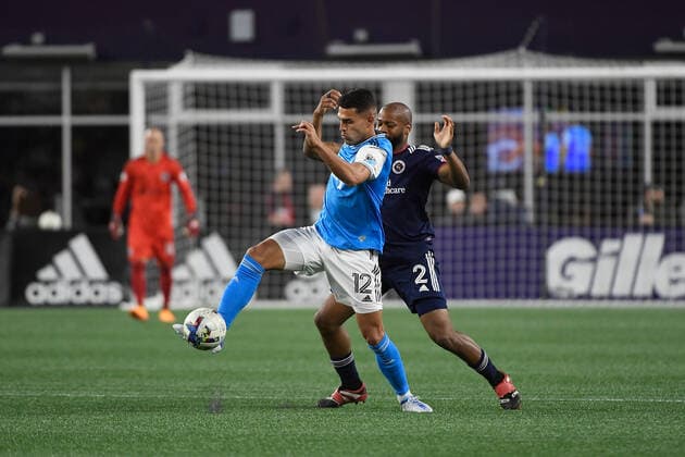 April 16, 2022: Charlotte FC forward Daniel RoÂ­os (12) kicks the ball during the MLS, Fussball Herren, USA game between Charlotte FC and the New England Revolution held at Gillette Stadium in Foxborough Massachusetts. CSM Foxborough USA - ZUMAc04_ 20220416_zaf_c04_056 Copyright: xEricxCanhax