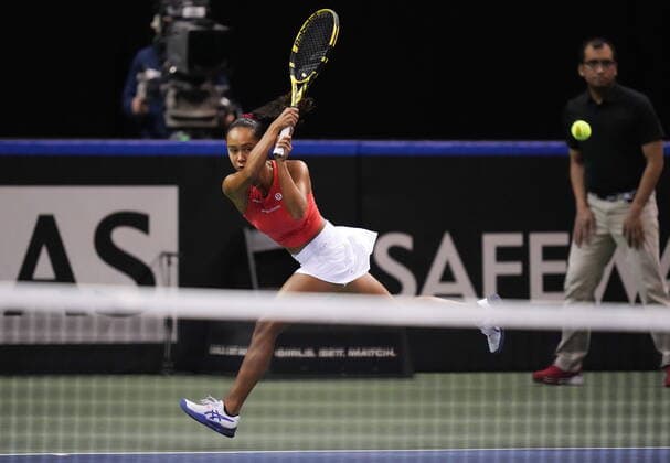 April 16, 2022, VANCOUVER, BC, CANADA: Canada s Leylah Annie Fernandez returns to Latvia s Daniela Vismane during a Billie Jean King Cup qualifier singles tennis match, in Vancouver, on Saturday, April 16, 2022. Canada News - April 16, 2022  - ZUMAc35_ 20220416_zaf_c35_123 Copyright: xDarrylxDyckx