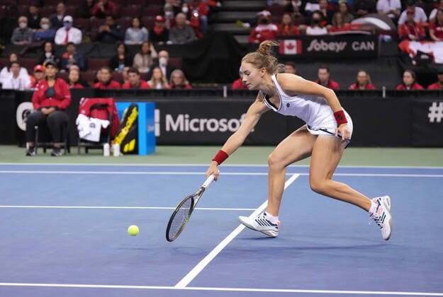 April 16, 2022, VANCOUVER, BC, CANADA: Latvia s Daniela Vismane loses a point to Canada s Leylah Annie Fernandez during a Billie Jean King Cup qualifier singles tennis match, in Vancouver, on Saturday, April 16, 2022. Canada News - April 16, 2022  - ZUMAc35_ 20220416_zaf_c35_129 Copyright: xDarrylxDyckx