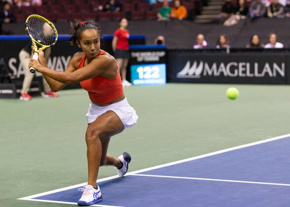 April 16, 2022, Vancouver, British Columbia, Canada: VANCOUVER, BRITISH COLUMBIA - APRIL 16: LEYLAH ANNIE FERNANDEZ of Canada returns the ball to DANIELA VISMANE of Latvia during the Billie Jean King Cup Qualifier singles tennis match at Pacific Coliseum in Vancouver, British Columbia, Canada. Vancouver Canada - ZUMAc132 20220416_zap_c132_015 Copyright: xAndrewxChinx