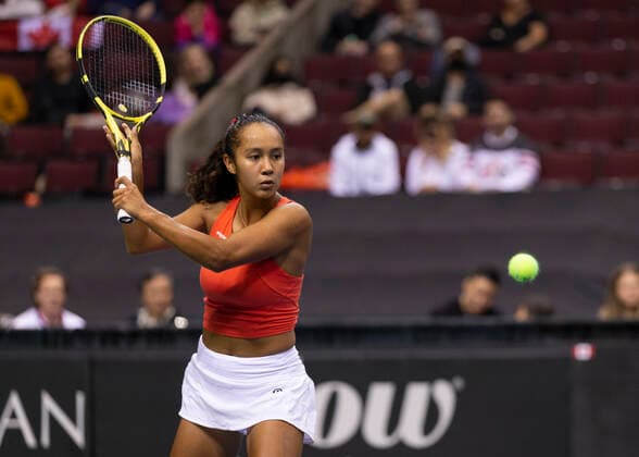 April 16, 2022, Vancouver, British Columbia, Canada: VANCOUVER, BRITISH COLUMBIA - APRIL 16: LEYLAH ANNIE FERNANDEZ of Canada returns the ball to DANIELA VISMANE of Latvia during the Billie Jean King Cup Qualifier singles tennis match at Pacific Coliseum in Vancouver, British Columbia, Canada. Vancouver Canada - ZUMAc132 20220416_zap_c132_018 Copyright: xAndrewxChinx