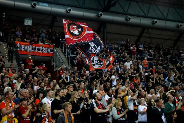 17 04 2022, easyCredit Basketball Bundesliga, BBL, season 2021 2022, men, Syntainics MBC Chemnitz Niners Chemnitz Fans Leipzig QUARTERBACK Real Estate ARENA Saxony Germany