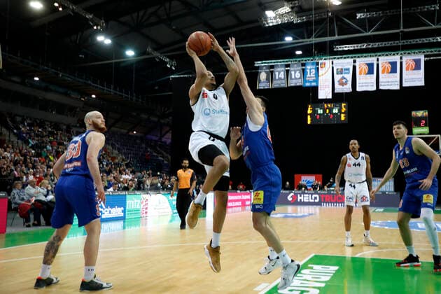 17 04 2022, easyCredit Basketball Bundesliga, BBL, season 2021 2022, men, Syntainics MBC Chemnitz Niners Nelson Weidemann, Niners Chemnitz, Nikola Rebic, Syntainics MBC Leipzig QUARTERBACK Real Estate ARENA Saxony Germany