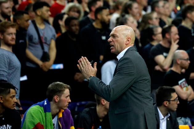 17 04 2022, easyCredit Basketball Bundesliga, BBL, season 2021 2022, men, Syntainics MBC Chemnitz Niners Rodrigo Pastore Headcoach , Niners Chemnitz Leipzig QUARTERBACK Real Estate ARENA Saxony Germany