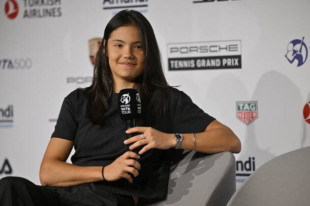 Emma Raducanu GBR in interview microphone logo tennis ladies Porsche Cup Porsche Tennis Grand Prix GP Stuttgart 2022 Porsche Arena 18 04 2022 DFL REGULATIONS PROHIBIT ANY USE OF PHOTOGRAPHS AS IMAGE SEQUENCES AND OR QUASI VIDEO Porsche Tennis Grand Prix GP Stuttgart 2022