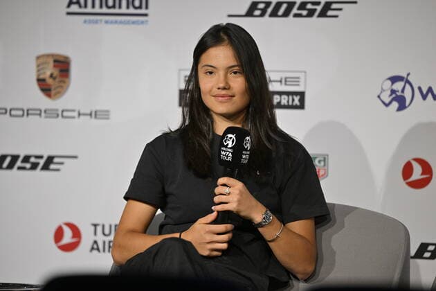 Emma Raducanu GBR in interview microphone logo tennis ladies Porsche Cup Porsche Tennis Grand Prix GP Stuttgart 2022 Porsche Arena 18 04 2022 DFL REGULATIONS PROHIBIT ANY USE OF PHOTOGRAPHS AS IMAGE SEQUENCES AND OR QUASI VIDEO Porsche Tennis Grand Prix GP Stuttgart 2022