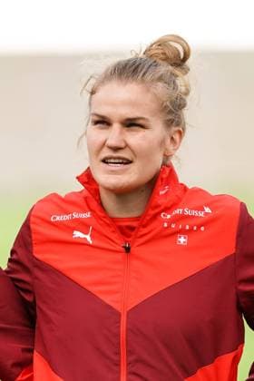 Thun, Switzerland, April 12th 2022: Rahel Kiwic (14 Switzerland) standing (portrait headshot close up) during the national anthem prior to the Womens World Cup Qualifier football match between Switzerland and Italy at Stockhorn Arena in Thun, Switzerland. Daniela Porcelli SPP Switzerland v Italy - World Cup Qualifier - Stockhorn Arena 