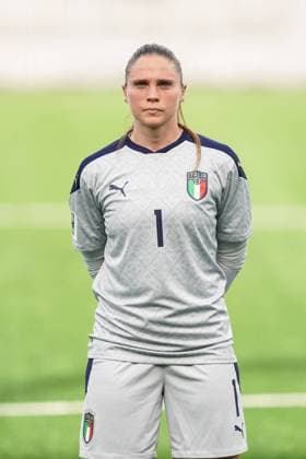 Thun, Switzerland, April 12th 2022: Laura Giuliani (1 Italy) standing (portrait headshot close up) during the national anthem prior to the Womens World Cup Qualifier football match between Switzerland and Italy at Stockhorn Arena in Thun, Switzerland. Daniela Porcelli SPP Switzerland v Italy - World Cup Qualifier - Stockhorn Arena 