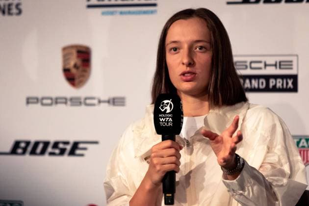 Stuttgart, Germany, April 19th 2022: World Number 1 Iga Swiatek of Poland speaks to the media ahead of her 1st Round match at the 2022 Porsche Tennis Grand Prix at the Porsche Arena in Stuttgart, Germany Dan O Connor SPP 2022 Porsche Tennis Grand Prix - All-Access Hour with Iga Swiatek - Porsche Arena 