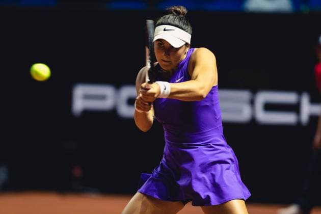 Stuttgart, Germany, April 19th 2022: Bianca Andreescu of Canada hits a backhand during her 1st Round Singles match of the 2022 Porsche Tennis Grand Prix against Jule Niemeier of Germany at the Porsche Arena in Stuttgart, Germany Dan O Connor SPP 2022 Porsche Tennis Grand Prix - 1st Round Singles - Jule Niemeier v Bianca Andreescu - Porsche Arena 