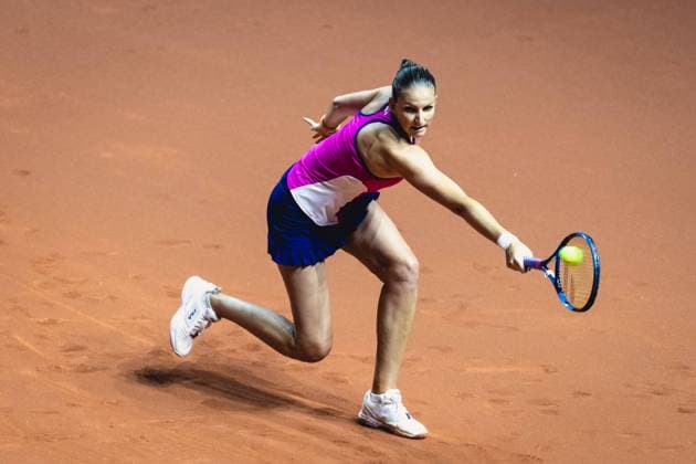 Stuttgart, Germany, April 20th 2022: Karolina Pliskova of Czech Republic hits a return during her 1st Round Singles match of the 2022 Porsche Tennis Grand Prix against Petra Kvitova of Czech Republic at the Porsche Arena in Stuttgart, Germany Dan O Connor SPP 2022 Porsche Tennis Grand Prix - 1st Round Singles - Petra Kvitova v Karolina Pliskova - Porsche Arena 
