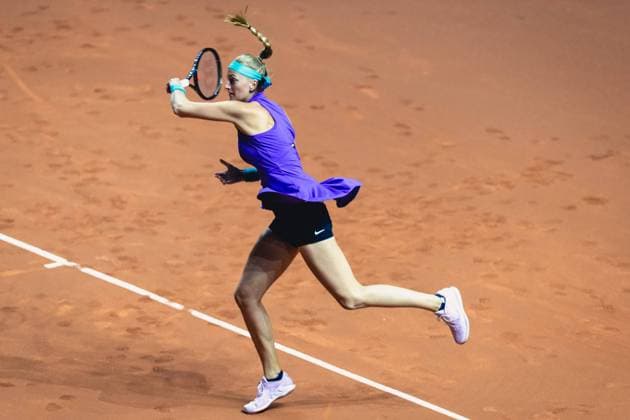 Stuttgart, Germany, April 20th 2022: Petra Kvitova of Czech Republic in action during her 1st Round Singles match of the 2022 Porsche Tennis Grand Prix against Karolina Pliskova of Czech Republic at the Porsche Arena in Stuttgart, Germany Dan O Connor SPP 2022 Porsche Tennis Grand Prix - 1st Round Singles - Petra Kvitova v Karolina Pliskova - Porsche Arena 