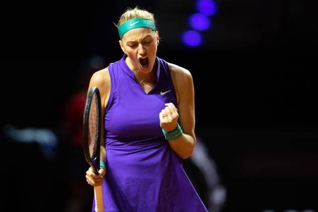 Stuttgart, Germany, April 20th 2022: Petra Kvitova of Czech Republic celebrates a point during her 1st Round Singles match of the 2022 Porsche Tennis Grand Prix against Karolina Pliskova of Czech Republic at the Porsche Arena in Stuttgart, Germany Dan O Connor SPP 2022 Porsche Tennis Grand Prix - 1st Round Singles - Petra Kvitova v Karolina Pliskova - Porsche Arena 
