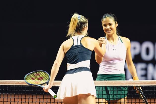 Stuttgart, Germany, April 20th 2022: Emma Raducanu of Great Britain and Storm Sanders of Australia shake hands following their 1st Round Singles match of the 2022 Porsche Tennis Grand Prix at the Porsche Arena in Stuttgart, Germany Dan O Connor SPP 2022 Porsche Tennis Grand Prix - 1st Round Singles - Storm Sanders v Emma Raducanu - Porsche Arena 