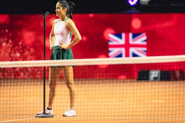 Stuttgart, Germany, April 20th 2022: Emma Raducanu is interviewed following her win in her 1st Round Singles match of the 2022 Porsche Tennis Grand Prix against Storm Sanders of Australia at the Porsche Arena in Stuttgart, Germany Dan O Connor SPP 2022 Porsche Tennis Grand Prix - 1st Round Singles - Storm Sanders v Emma Raducanu - Porsche Arena 