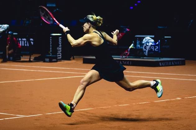 Stuttgart, Germany, April 20th 2022: Angelique Kerber of Germany in action during her 1st Round Singles match of the 2022 Porsche Tennis Grand Prix against Anett Kontaveit of Estonia at the Porsche Arena in Stuttgart, Germany Dan O Connor SPP 2022 Porsche Tennis Grand Prix - 1st Round Singles - Anett Kontaveit v Angelique Kerber - Porsche Arena 