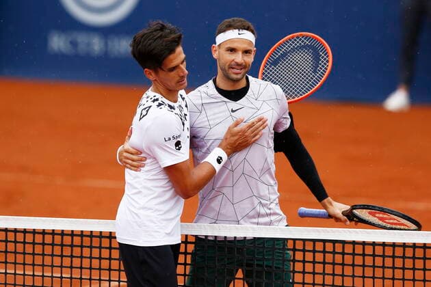 (L-R) Federico Coria (ARG), Grigor Dimitrov (BUL), APRIL21, 2022 - Tennis : Grigor Dimitrov of Bulgaria and Federico Coria of Argentina after singles 2nd round match on the Barcelona Open Banc Sabadell tennis tournament at the Real Club de Tenis de Barcelona in Barcelona, Spain.  (0156541599st)