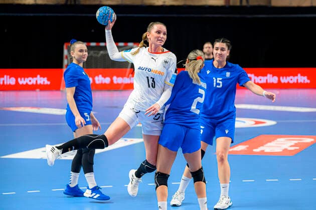 Handball, Women EHF Euro 2022 Qualification, Greece Germany Silje Brons Petersen Germany TuS Metzingen , Maria Chatziparasidou Greece Almere Topsportcentrum Netherlands