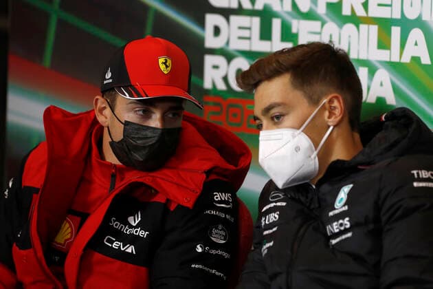 16 Charles Leclerc MCO, Scuderia Ferrari , 63 George Russell GBR, Mercedes AMG Petronas F1 Team , F1 Grand Prix of Emilia Romagna at Autodromo Enzo e Dino Ferrari on April 22, 2022 in Imola, Italy Photo by Carl Bingham LAT Motorsport Images DPPI via HOCH ZWEI Imola Italy