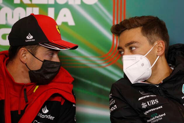 16 Charles Leclerc MCO, Scuderia Ferrari , 63 George Russell GBR, Mercedes AMG Petronas F1 Team , F1 Grand Prix of Emilia Romagna at Autodromo Enzo e Dino Ferrari on April 22, 2022 in Imola, Italy Photo by Carl Bingham LAT Motorsport Images DPPI via HOCH ZWEI Imola Italy