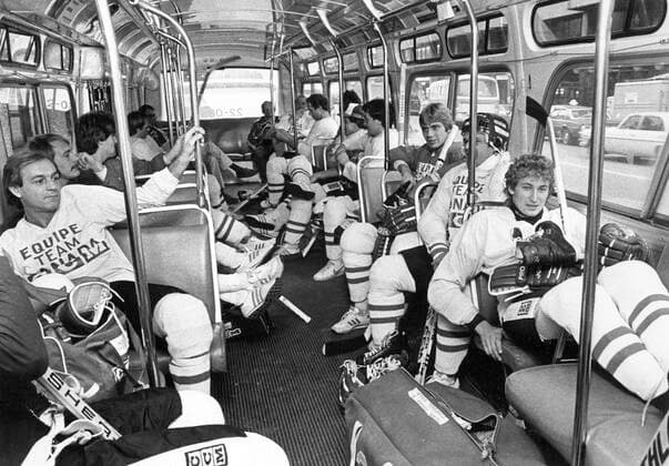 September 10, 1981, Montreal, PQ, Canada: Team Canada s Guy Lafleur (left) and Wayne Gretzky (right) ride the bus with teammates to practice during the Canada Cup series in Montreal on Sept. 10, 1981. Montreal Canadiens legend Guy Lafleur has died at age 70. Canada News - September 10, 1981  - ZUMAc35_ 19810910_zaf_c35_003 Copyright: xPeterxBreggx