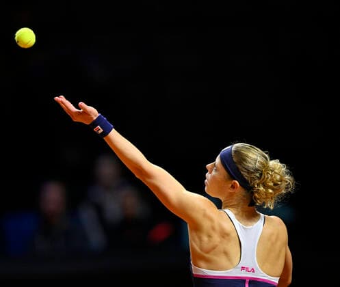 Laura Siegemund GER Action Serve Tennis Women Porsche Cup Porsche Tennis Grand Prix GP Stuttgart 2022 Porsche Arena 22 04 2022 DFL REGULATES PROHIBIT ANY USE OF PHOTOGRAPHS AS IMAGE SEQUENCES AND OR QUASI VIDEO Porsche Tennis Grand Prix GP Stuttgart 2022