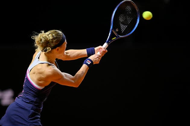 Laura Siegemund GER Action Tennis Women Porsche Cup Porsche Tennis Grand Prix GP Stuttgart 2022 Porsche Arena 22 04 2022 DFL REGULATIONS PROHIBIT ANY USE OF PHOTOGRAPHS AS IMAGE SEQUENCES AND OR QUASI VIDEO Porsche Tennis Grand Prix GP Stuttgart 2022