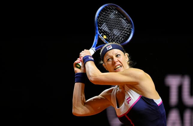 Laura Siegemund GER Action Tennis Women Porsche Cup Porsche Tennis Grand Prix GP Stuttgart 2022 Porsche Arena 22 04 2022 DFL REGULATIONS PROHIBIT ANY USE OF PHOTOGRAPHS AS IMAGE SEQUENCES AND OR QUASI VIDEO Porsche Tennis Grand Prix GP Stuttgart 2022