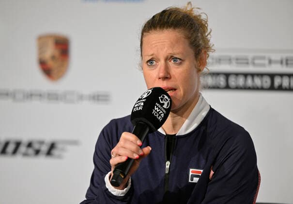 Press Conference Laura Siegemund GER disappointed in Interview Microphone Logo Tennis Women Porsche Cup Porsche Tennis Grand Prix GP Stuttgart 2022 Porsche Arena 22 04 2022 DFL REGULATES PROHIBIT ANY USE OF PHOTOGRAPHS AS IMAGE SEQUENCES AND OR QUASI VIDEO Porsche Tennis Grand Prix GP Stuttgart 2022