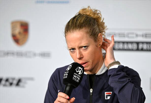 Press Conference Laura Siegemund GER disappointed in Interview Microphone Logo Tennis Women Porsche Cup Porsche Tennis Grand Prix GP Stuttgart 2022 Porsche Arena 22 04 2022 DFL REGULATES PROHIBIT ANY USE OF PHOTOGRAPHS AS IMAGE SEQUENCES AND OR QUASI VIDEO Porsche Tennis Grand Prix GP Stuttgart 2022