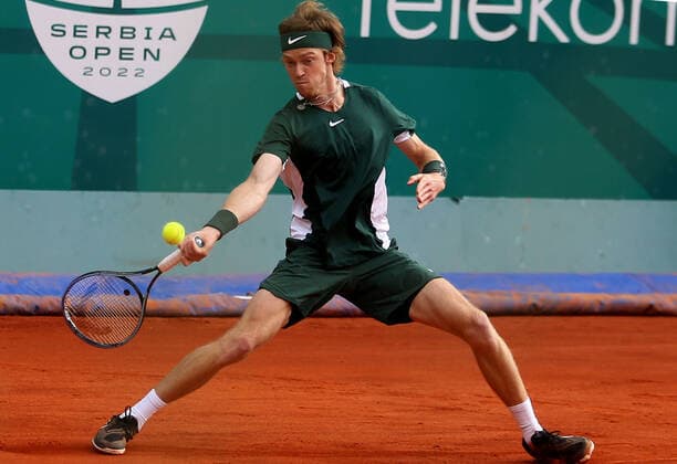 Serbia Tennis Open Fognini - Rublev 8173911 23.04.2022 Russia s Andrey Rublev returns a shot from Fabio Fognini of Italy during their tennis semifinal match of the Serbia Open tennis tournament in Belgrade, Serbia. Alexandar Djorovich Sputnik Belgrade Serbia  Copyright: xAlexandarxDjorovichx