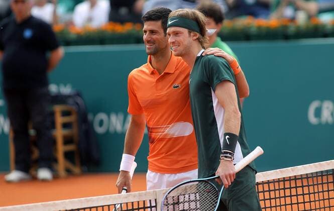Serbia Tennis Open Djokovic - Rublev 8174459 24.04.2022 Russia s Andrey Rublev and Serbia s Novak Djokovic are pictured before their final match of the Serbia Open tennis tournament in Belgrade, Serbia. Alexandar Djorovich Sputnik Belgrade Serbia  Copyright: xAlexandarxDjorovichx