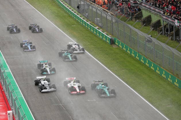 24th April 2022; Imola, Emilia Romagna, Italy. F1 Grand Prix of Italy, Race Day: Aston Martin Aramco Cognizant F1 Team, Sebastian Vettel, Haas F1 Team, Mick Schumacher and Scuderia AlphaTauri, Yuki Tsunoda battle together on race start  ActionPlus12382888 Octane
