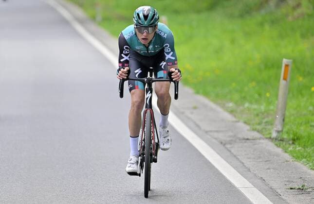 Liege, Belgium - April 24 : Vlasov Aleksandr (RUS) of BORA - hansgrohe during the UCI World Tour 108th Liege Bastogne Liege, a cycling race with start and finish in Liege on April 24, 2022 in Liege, Belgium, 24 04 2022 ( Motordriver Kenny Verfaillie - Liege Bastogne Liege 2022 Cycling Race PhotoNews Panoramic 