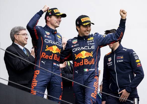 IMOLA Max Verstappen Oracle Red Bull Racing with his teammate Sergio Perez on the podium after the Emilia Romagna F1 Grand Prix at Autodromo Enzo e Dino Ferrari on April 24, 2022 in Imola, Italy REMKO DE WAAL GP Emilia Romagna 2022 RACE 2022 xVIxANPxSportx xxANPxIVx 447558801 originalFilename: 447558801.jpg
