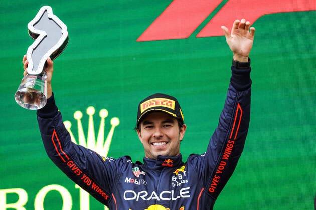 PEREZ Sergio (mex), Red Bull Racing RB18, portrait podium during the Formula 1 Grand Premio del Made in Italy e dell Emilia-Romagna 2022, 4th round of the 2022 FIA Formula One World Championship, WM, Weltmeisterschaft on the Imola Circuit, from April 22 to 24, 2022 in Imola, Italy - F1 - EMILIA ROMAGNA GRAND PRIX 2022 - Race DPPI Panoramic  20220424_G00D5446