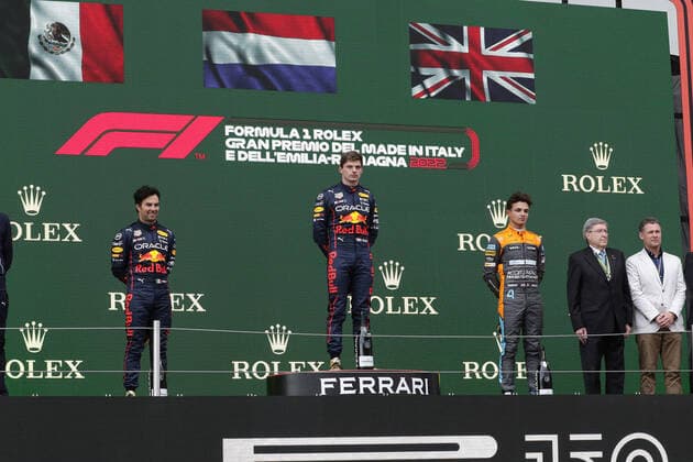 From left 2nd place Sergio Checo Perez MEX, Oracle Red Bull Racing 11 , victory Max Verstappen NED, Oracle Red Bull Racing 1 , third Lando Norris UK, McLaren F1 Team 4 ITA, Formula 1 Grand Prix Emilia Romagna, Imola, 24 04 2022 ITA, Formula 1 Grand Prix Emilia Romagna, Imola, 24 04 2022 Imola Copyright: xFoto:xEIBNER ThomasxFuesslerx EP_tfr