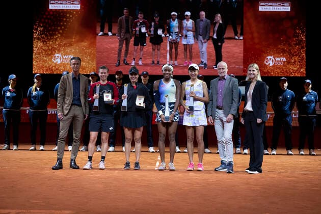 Porsche Tennis Grand Prix Desirae Krawczyk, USA Demi Schuurs, Netherlands Coco Gauff, USA Shui Zhang, China