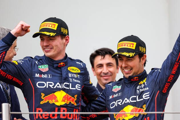 VERSTAPPEN Max (ned), Red Bull Racing RB18, PEREZ Sergio (mex), Red Bull Racing RB18, portrait podium during the Formula 1 Grand Premio del Made in Italy e dell Emilia-Romagna 2022, 4th round of the 2022 FIA Formula One World Championship, WM, Weltmeisterschaft on the Imola Circuit, from April 22 to 24, 2022 in Imola, Italy - F1 - EMILIA ROMAGNA GRAND PRIX 2022 - Race DPPI Panoramic 20220424_G00D5346