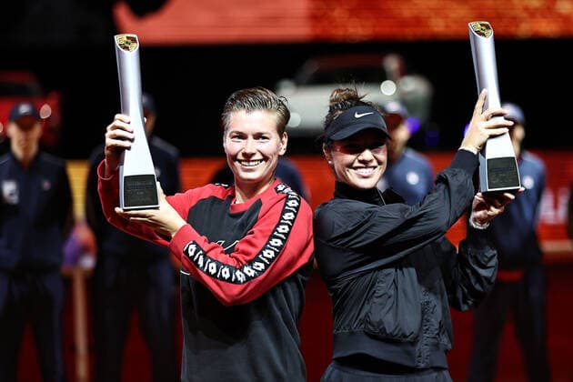 Demi Schuurs, NED cap , and Desirae Krawczyk, USA, after doubles finals at 2022 Porsche Tennis Grand Prix in Stuttgart, 24 04 2022
