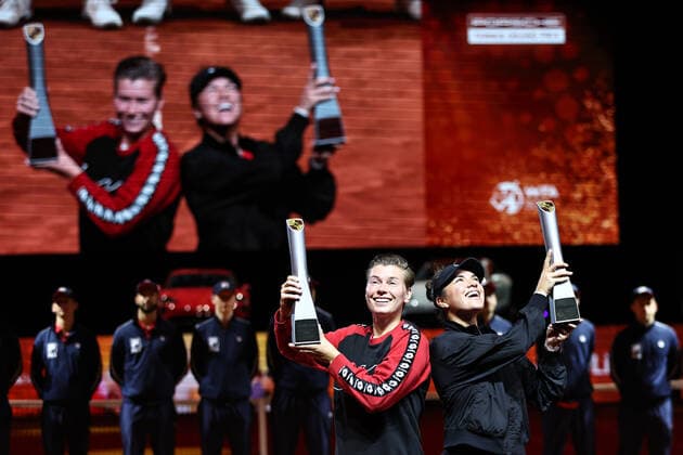 Demi Schuurs, NED cap , and Desirae Krawczyk, USA, after doubles finals at 2022 Porsche Tennis Grand Prix in Stuttgart, 24 04 2022