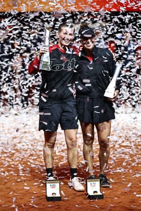 Demi Schuurs, NED cap , and Desirae Krawczyk, USA, after doubles finals at 2022 Porsche Tennis Grand Prix in Stuttgart, 24 04 2022