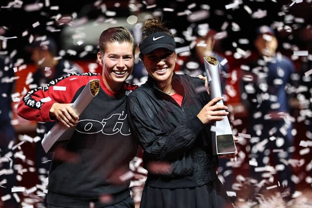 Demi Schuurs, NED cap , and Desirae Krawczyk, USA, after doubles finals at 2022 Porsche Tennis Grand Prix in Stuttgart, 24 04 2022